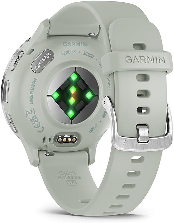 Garmin 010-02785-01 Venu 3S Health Fitness GPS Smartwatch Steel Bezel with Sage Gray Case (41mm) | Official USA Partner Model | Bundle with Towel, Deco Essentials Commuter Front, Rear Safety Light