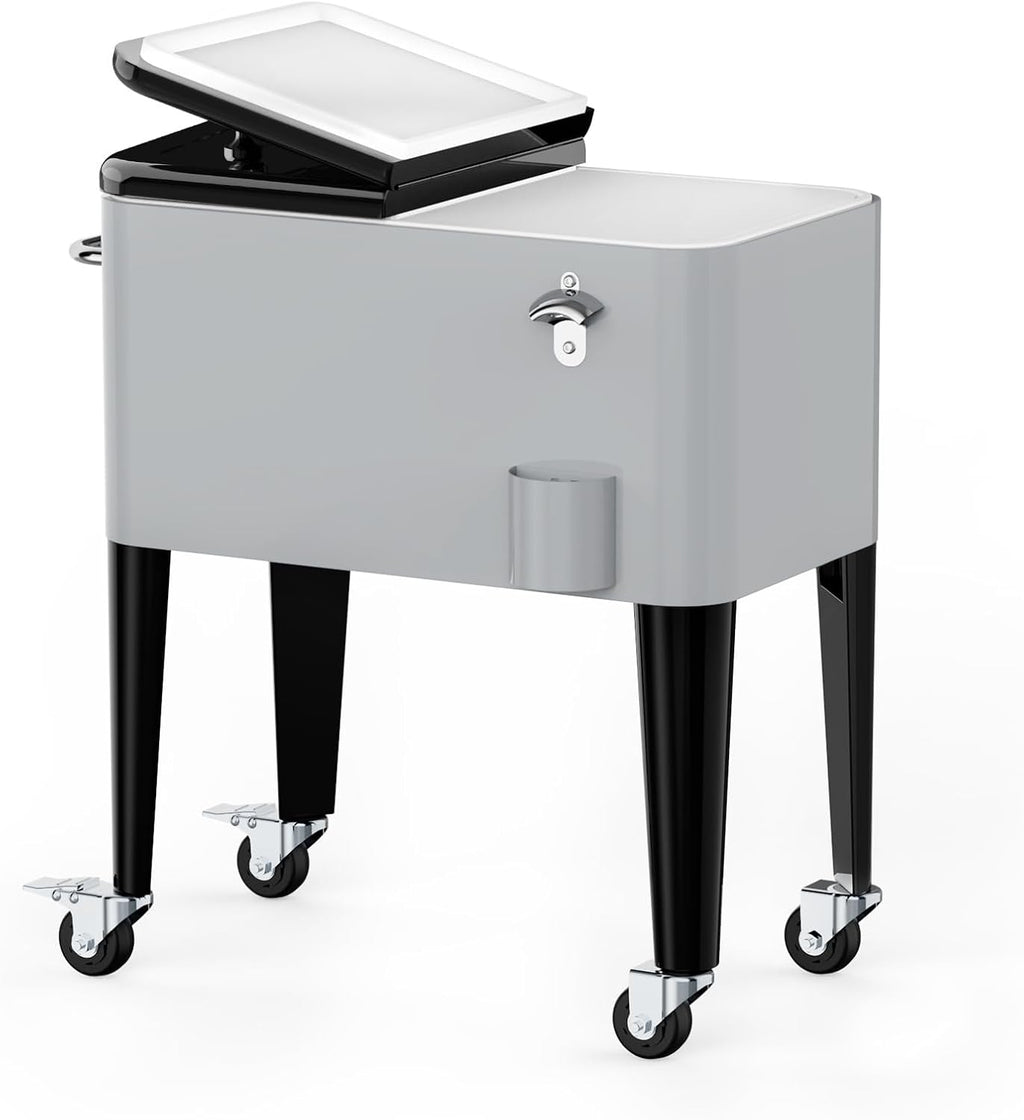 Ice Chest with Wheels, 60 Quart Portable Rolling Cooler with Bottle Opener & Cap Collector & Bottom Storage Tray for Patio Party & BBQ & Beach Activities