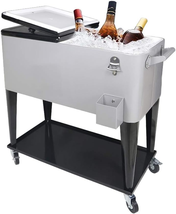80 Quart Rolling Ice Chest Cooler Cart,for Outdoor Patio Deck Party Portable Party Bar Cold Drink Beverage Cart, Backyard Cooler Trolley on Wheels with Shelf, Bottle Opener