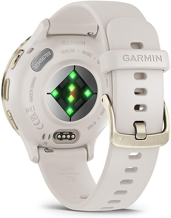 Garmin 010-02785-04 Venu 3S Health Fitness GPS Smartwatch Gold Steel Bezel with Ivory Case (41mm) | Official USA Partner Model | Bundle with Towel, Deco Essentials Commuter Front, Rear Safety Light