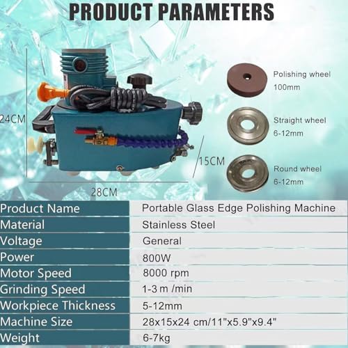 Glass Edging Machine, 800W Electric Portable Glass Edger for Straight & Round Bevel Edge with 8 Diamond Wheels & 2 Polishing Wheels