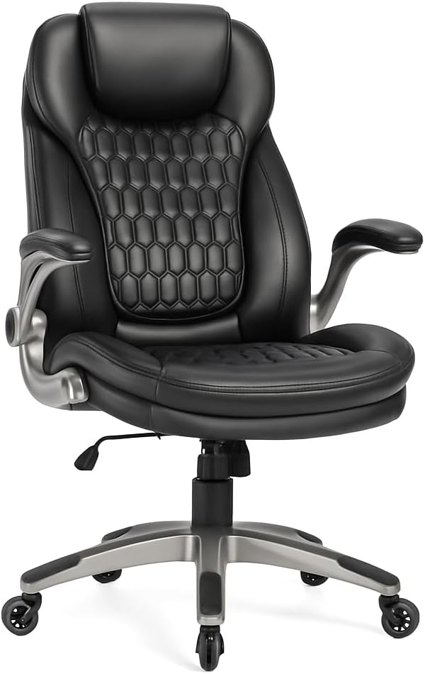 Ergonomic Executive Office Chair, High Back Leather Desk Chair with Flip-up Arms and Adjustable Height, Swivel Rolling Computer Chair with Heavy Duty Metal Base,300lbs,Black for Home Office or Study