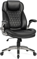 Ergonomic Executive Office Chair, High Back Leather Desk Chair with Flip-up Arms and Adjustable Height, Swivel Rolling Computer Chair with Heavy Duty Metal Base,300lbs,Black for Home Office or Study