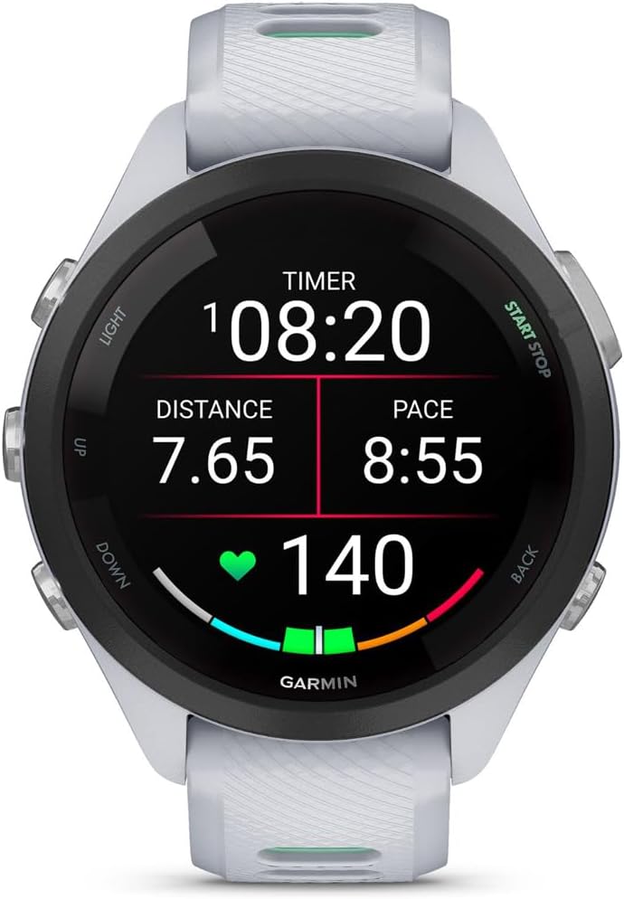Garmin 010-02810-04 Forerunner 265S GPS Smartwatch, Whitestone/Neo Tropic | Official USA Partner Model | Bundle with Sport Towel + Deco Essentials Wearable Commuter Front & Rear Safety Light