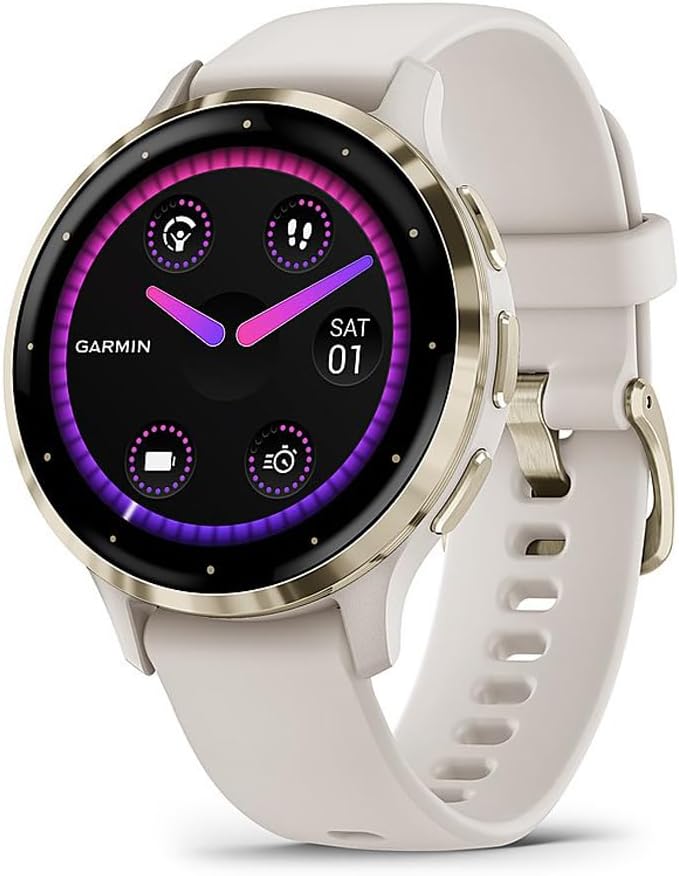 Garmin 010-02785-04 Venu 3S Health Fitness GPS Smartwatch Gold Steel Bezel with Ivory Case (41mm) | Official USA Partner Model | Bundle with Towel, Deco Essentials Commuter Front, Rear Safety Light