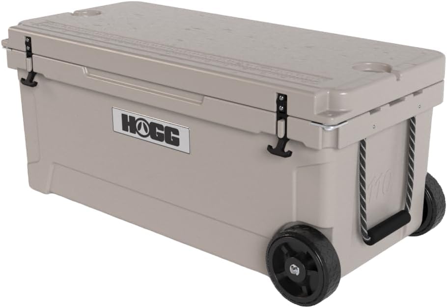 Ice Cooler with Wheels and Handle, Wheeled Cooler, Insulated Ice Chest with Wheels and Handle for Fishing and Camping with Dry Storage, Bottle Openers, and Cupholders