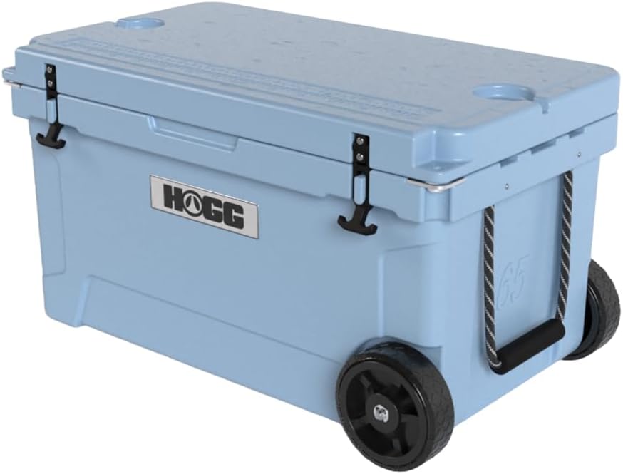 Ice Cooler with Wheels and Handle, Wheeled Cooler, Insulated Ice Chest with Wheels and Handle for Fishing and Camping with Dry Storage, Bottle Openers, and Cupholders