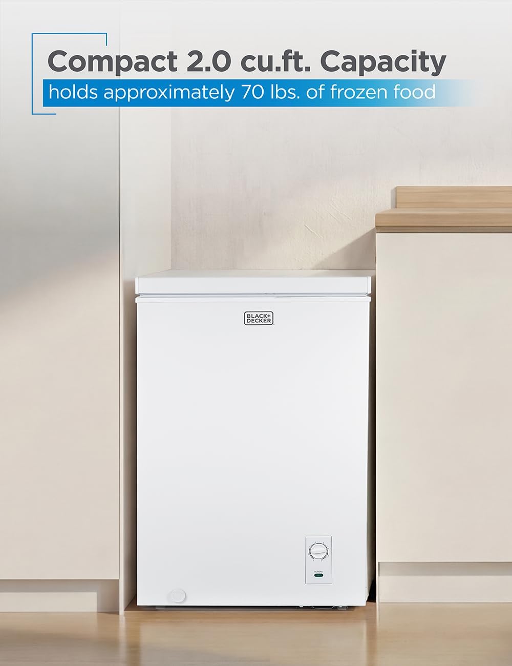 BLACK+DECKER 2.0 Cu. Ft. Compact Chest Freezer, Deep Freezer Holds Up To 70 Lbs. of Frozen Food, Removable Storage Basket, Manual Defrost, White