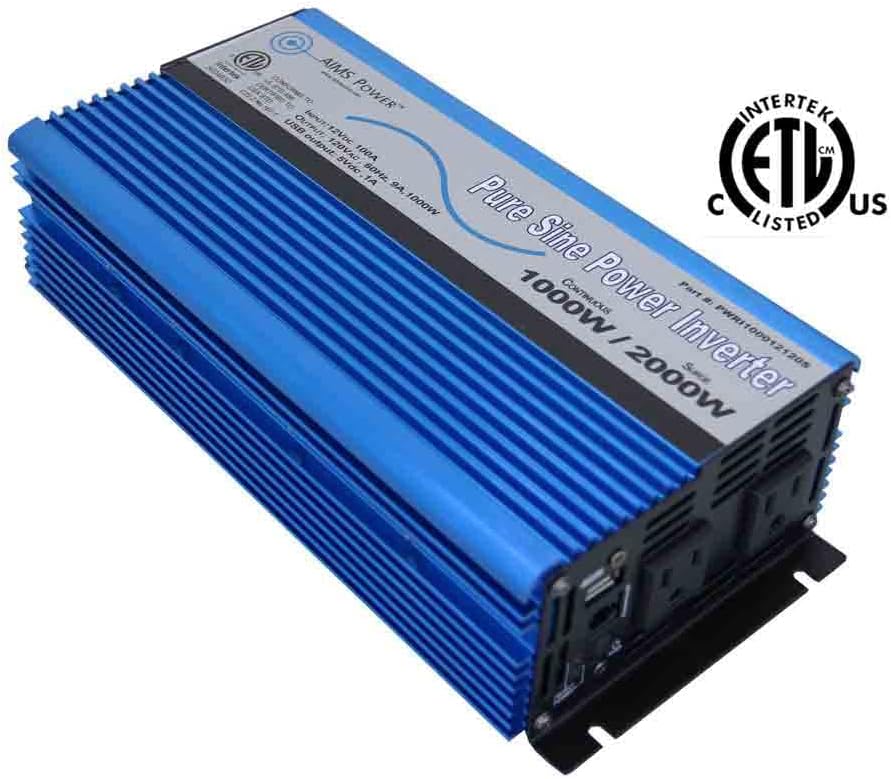 AIMS Power 1000 Watt, 2000 Watt Peak, Pure Sine DC to AC Power Inverter, USB Port, 2 Year Warranty, Optional Remote, Listed to UL 458