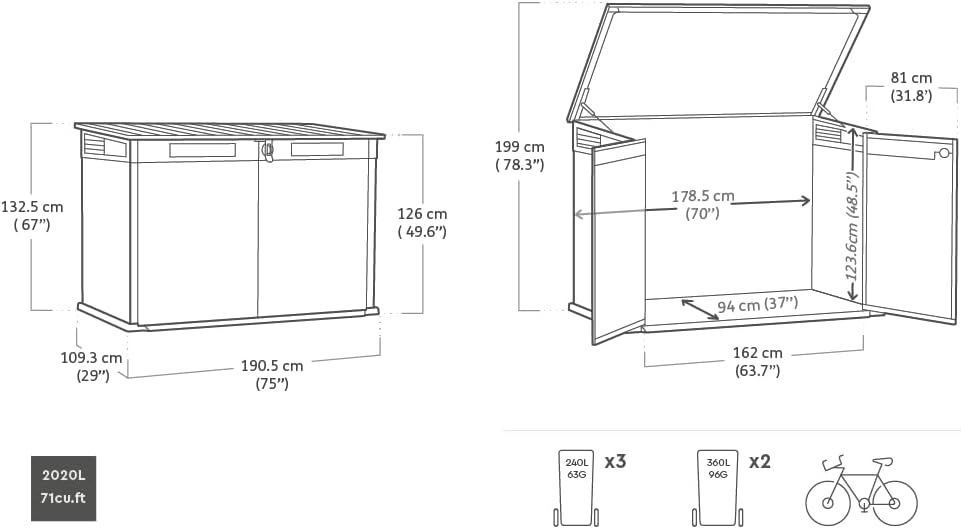 Keter Box Premier Jumbo 2020L Capacity External Dimensions (WxHxD) 190.5 x 132 x 109 cm Fits 3 x 240L or 2 x 360L Wheelie Bins Weatherproof Waterproof Multicoloured Plastic