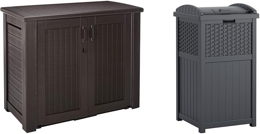 Rubbermaid 123 Gal Outdoor Storage Cabinet and Suncast 33 Gallon Resin Outdoor Trash Can Bundle