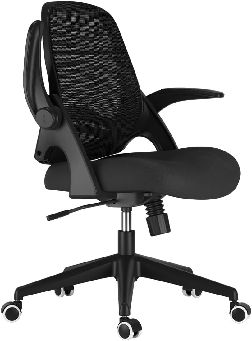 Hbada Office Desk Chair with Flip-Up Armrests and Saddle Cushion, Ergonomic Office Chair with S-Shaped Backrest, Swivel, Mesh, Black