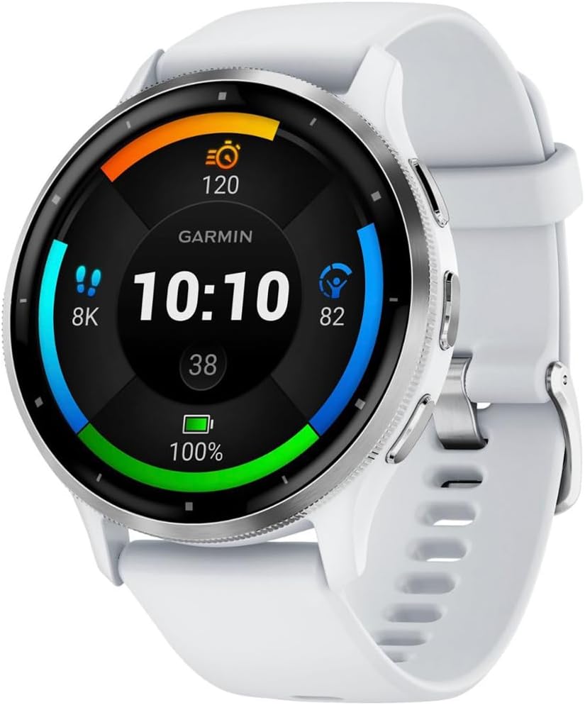 Garmin 010-02784-00 Venu 3 Health Fitness GPS Smartwatch Silver Steel Bezel Whitestone Case (45mm) | Official USA Partner Model | Bundle with Towel, Deco Essentials Commuter Front, Rear Safety Light