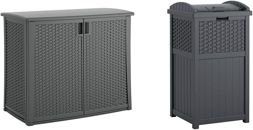 Suncast 42' W x 23' D x 35.5' H Outdoor Storage Cabinet and 33 Gallon Resin Trash Can Bundle, Cool Gray
