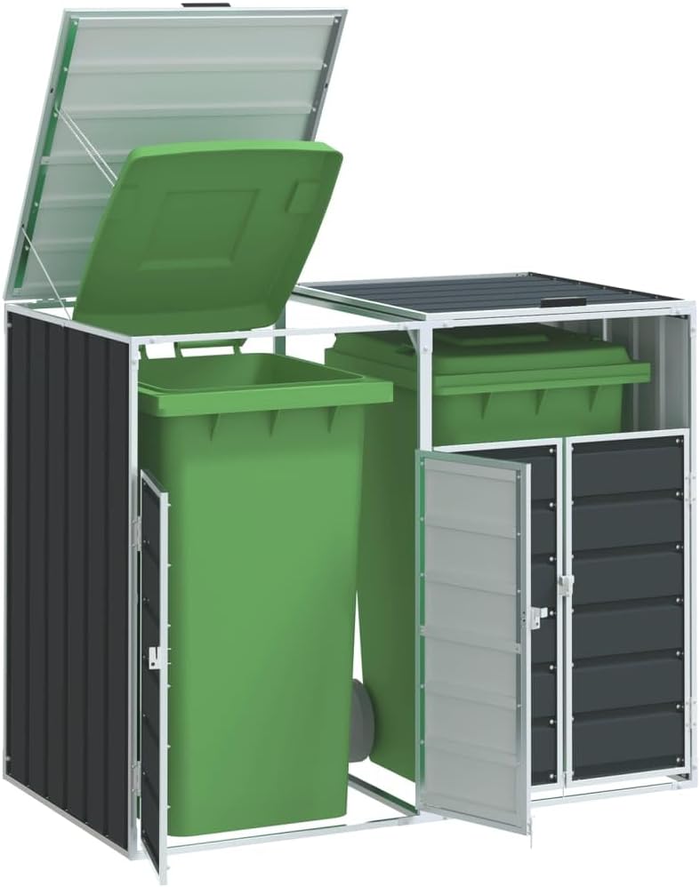 Outdoor Steel Garbage Bin Storage Shed for 2 Trash Cans, Weather-Resistant Metal Trash Can Storage Shed with Lid Chain and Latch, Good Ventilation, Anthracite, Double Bins,-795