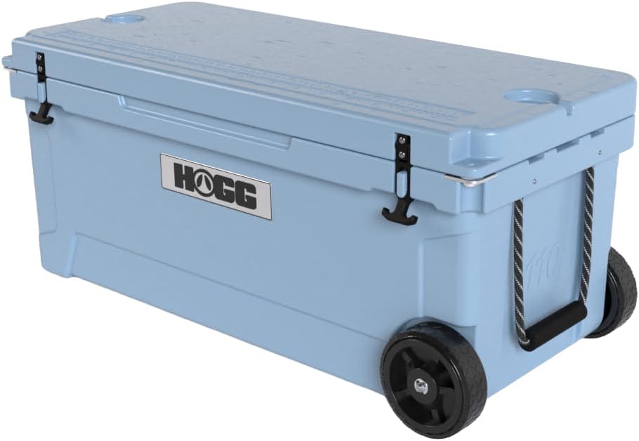 Ice Cooler with Wheels and Handle, Wheeled Cooler, Insulated Ice Chest with Wheels and Handle for Fishing and Camping with Dry Storage, Bottle Openers, and Cupholders