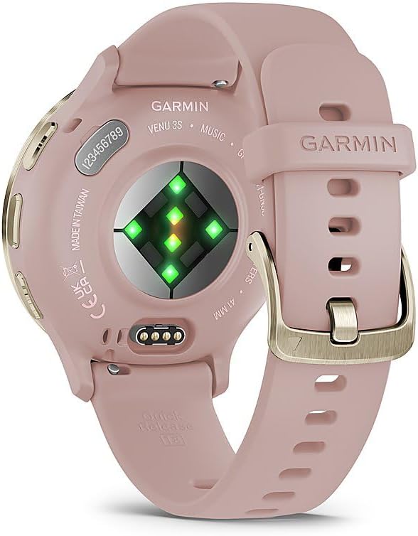 Garmin 010-02785-03 Venu 3S Health Fitness GPS Smartwatch Gold Steel Bezel w/Dust Rose Case (41mm) | Official USA Partner Model | Bundle with Towel, Deco Essentials Commuter Front, Rear Safety Light