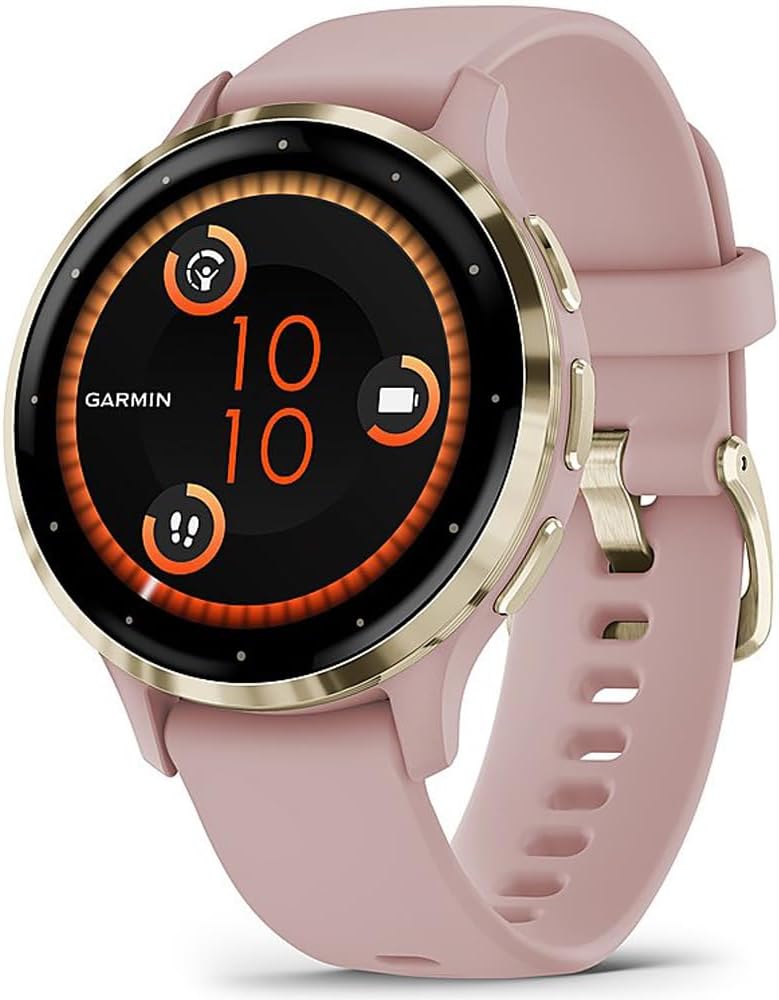 Garmin 010-02785-03 Venu 3S Health Fitness GPS Smartwatch Gold Steel Bezel w/Dust Rose Case (41mm) | Official USA Partner Model | Bundle with Towel, Deco Essentials Commuter Front, Rear Safety Light