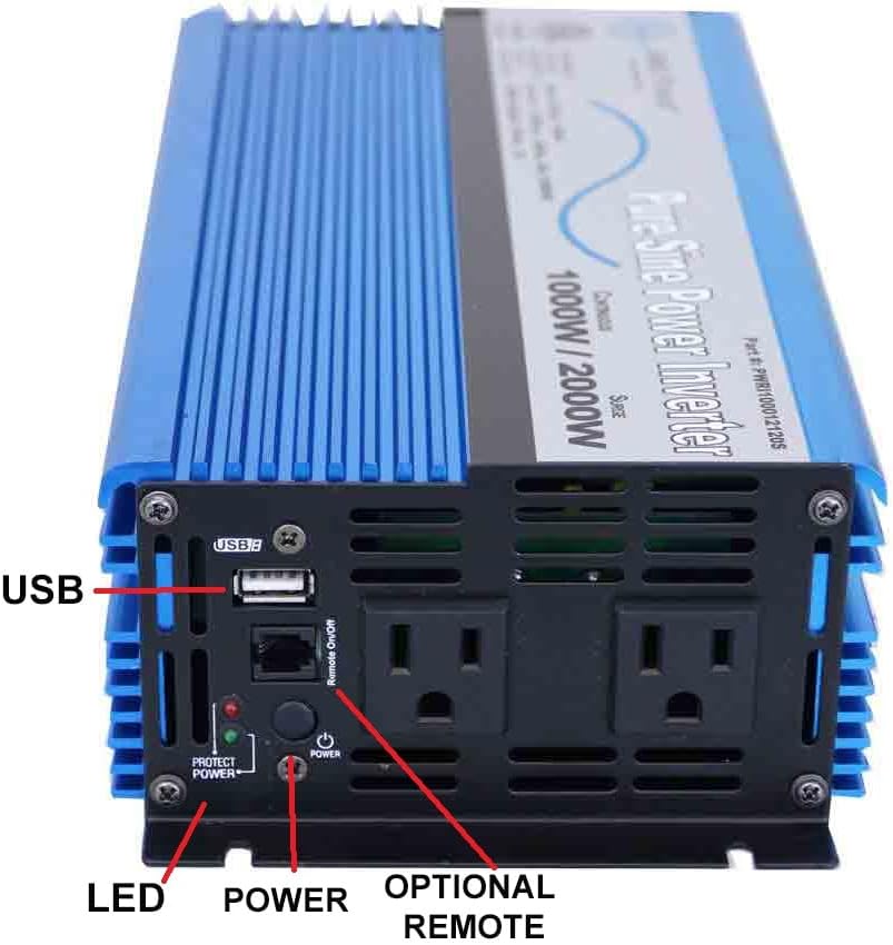 AIMS Power 1000 Watt, 2000 Watt Peak, Pure Sine DC to AC Power Inverter, USB Port, 2 Year Warranty, Optional Remote, Listed to UL 458