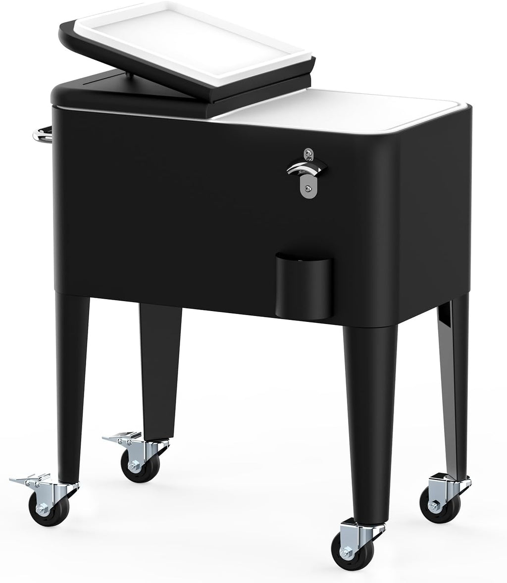 Ice Chest with Wheels, 60 Quart Portable Rolling Cooler with Bottle Opener & Cap Collector & Bottom Storage Tray for Patio Party & BBQ & Beach Activities