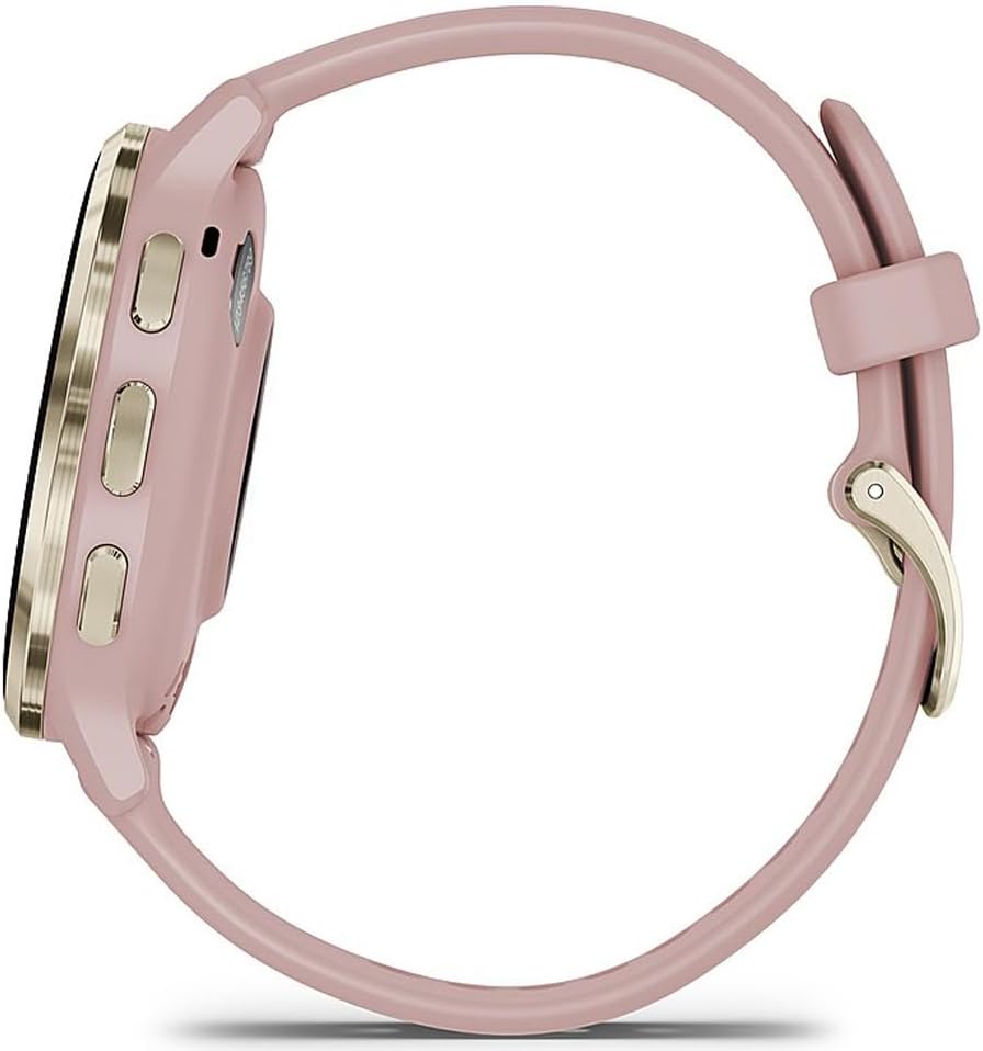 Garmin 010-02785-03 Venu 3S Health Fitness GPS Smartwatch Gold Steel Bezel w/Dust Rose Case (41mm) | Official USA Partner Model | Bundle with Towel, Deco Essentials Commuter Front, Rear Safety Light
