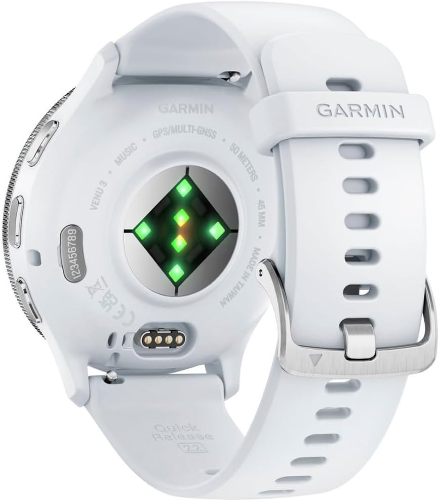 Garmin 010-02784-00 Venu 3 Health Fitness GPS Smartwatch Silver Steel Bezel Whitestone Case (45mm) | Official USA Partner Model | Bundle with Towel, Deco Essentials Commuter Front, Rear Safety Light