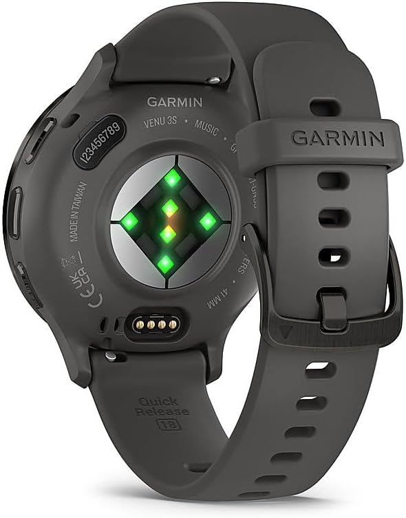 Garmin 010-02785-00 Venu 3S Health Fitness GPS Smartwatch Steel Bezel with Pebble Gray Case (41mm) | Official USA Partner Model | Bundle with Towel, Deco Essentials Commuter Front, Rear Safety Light