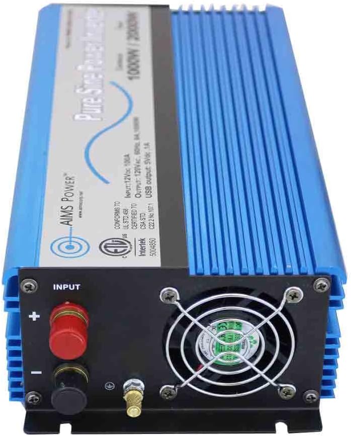 AIMS Power 1000 Watt, 2000 Watt Peak, Pure Sine DC to AC Power Inverter, USB Port, 2 Year Warranty, Optional Remote, Listed to UL 458