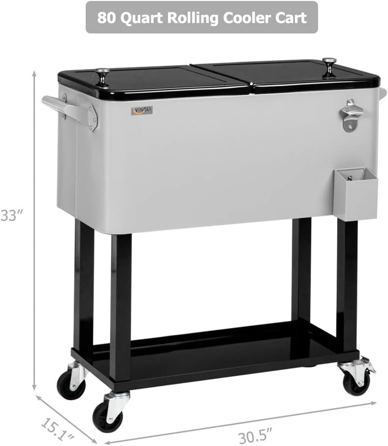 VINGLI Rolling Ice Chest, Portable Patio Party Bar Drink Cooler Cart, with Shelf, Beverage Pool with Bottle Opener