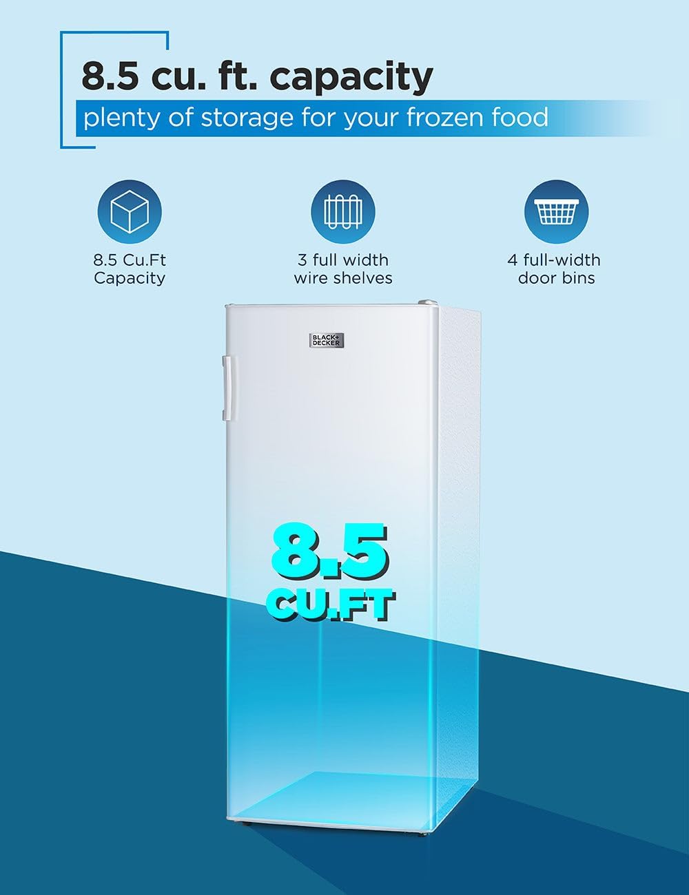 BLACK+DECKER 8.5 Cu. Ft. Upright Freezer, Stand Up Freezer with Mechanical Temperature Control, Freezer Upright with 3 Shelves and 4 Door Bins, Manual Defrost, R600a Refrigerant, BUF850LW, White