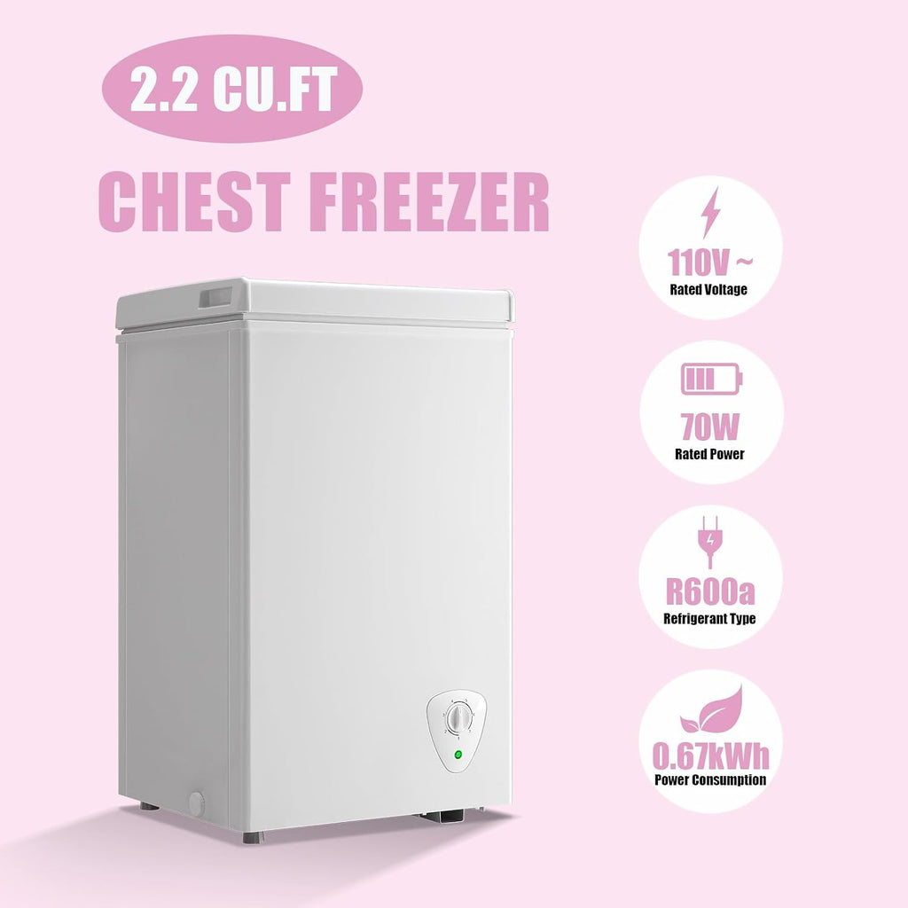 Chest Freezer 2.2 Cu.Ft Deep Freezer Adjustable Temperature 7 Thermostat and Energy Saving Removable Basket for Garage Basement Dorm Apartment Kitchen Business, White