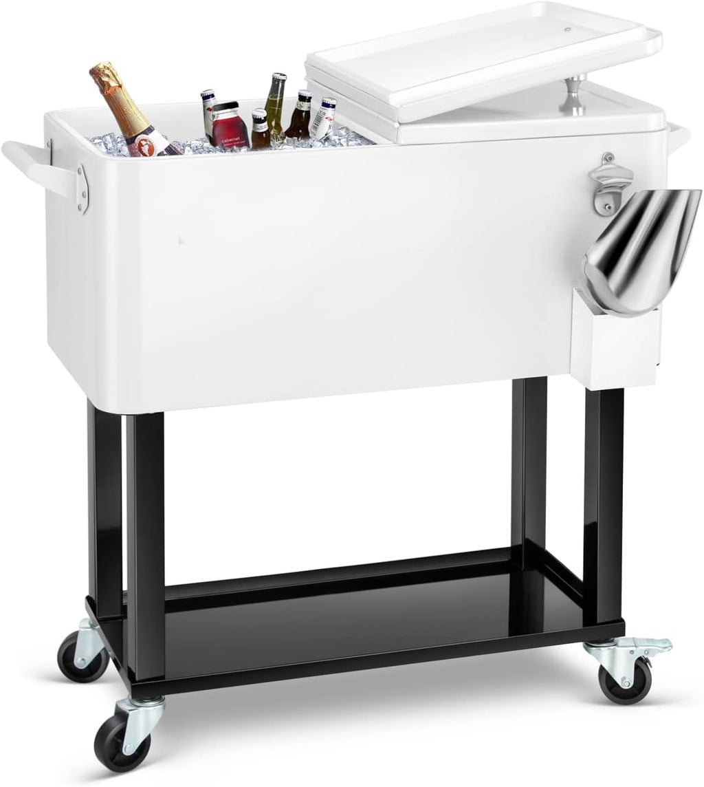 80 Quart Rolling Ice Chest Cooler Cart,Patio Backyard Party Drink Beverage Bar Stand Up Cooler Trolley with Ice Scoop