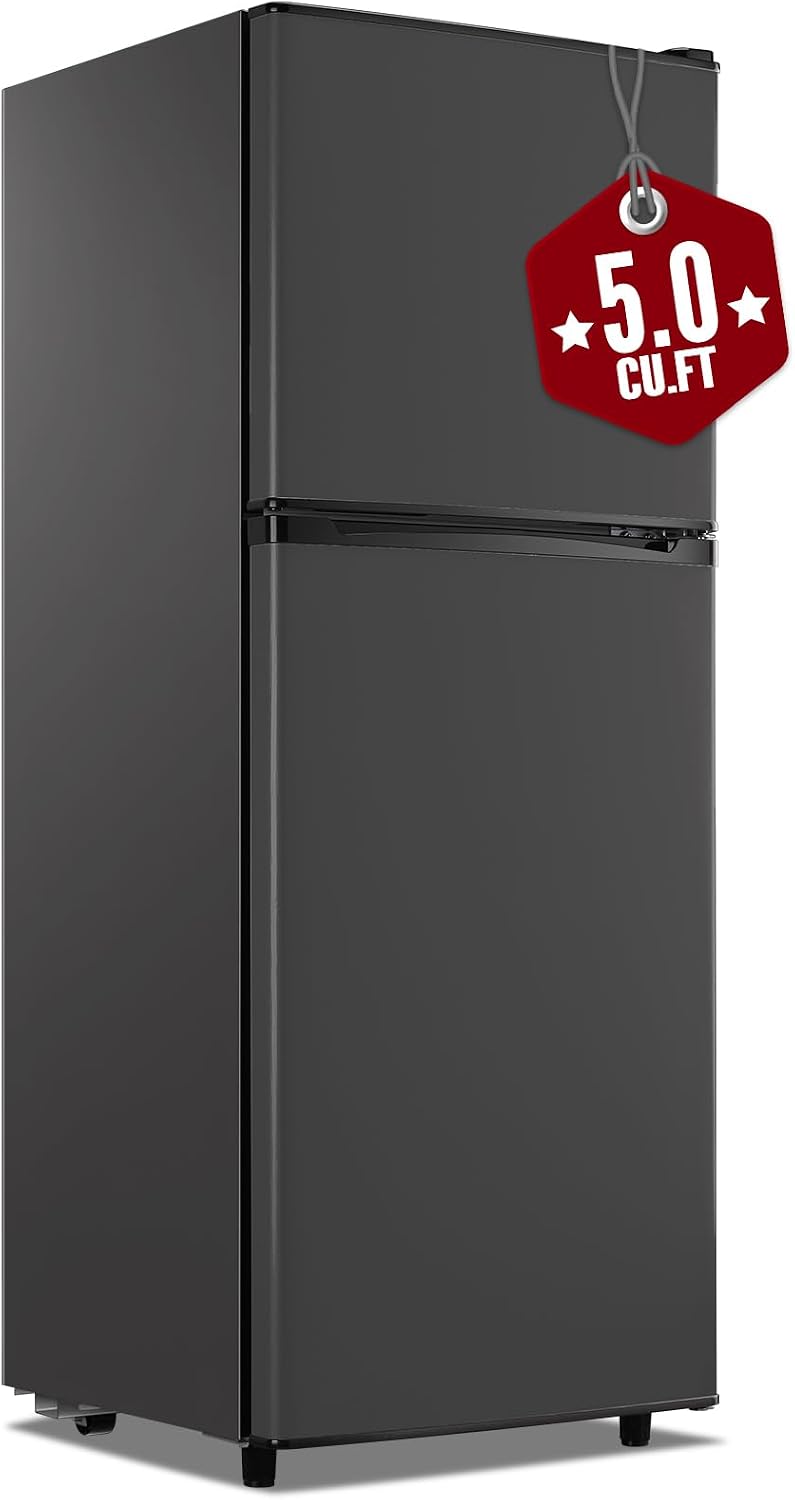 WANAI Large Capacity Fridge with Freezer, 5.0 CU.FT Refrigerator with 2 Door & 7 Gear Mechanical Control & Side Bottle Rack, LED Light, Ideal for Dorm, Kitchen, Apartment, Office, Dark Gray