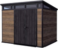 Keter Signature Collection 9x7 Ft All-Weather Storage Shed with Skylight, Window, Built-in Ventilation, & Lockable Double Doors, Walnut