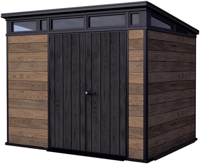 Keter Signature Collection 9x7 Ft All-Weather Storage Shed with Skylight, Window, Built-in Ventilation, & Lockable Double Doors, Walnut