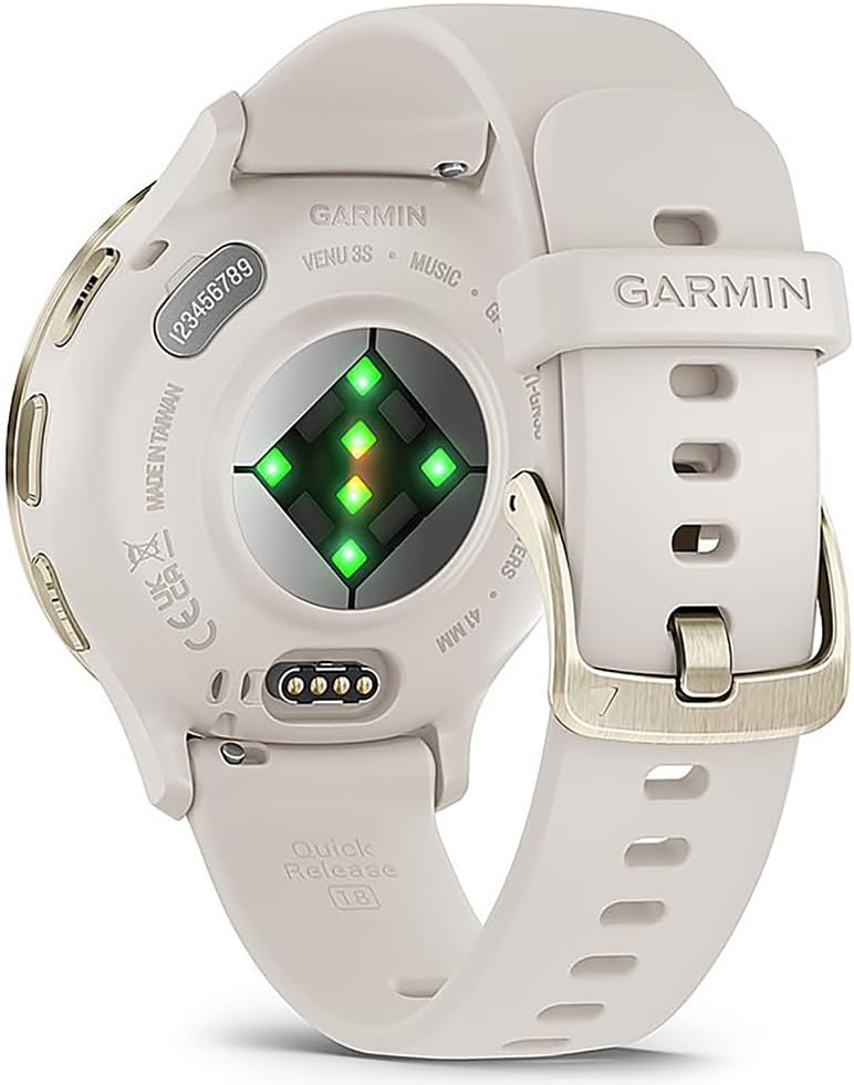 Garmin 010-02785-04 Venu 3S Health Fitness GPS Smartwatch Gold Steel Bezel with Ivory Case 41mm Bundle with Deco Essentials Charging Dock, Dust Cover 3 Pack and 2-Pack Screen Protector