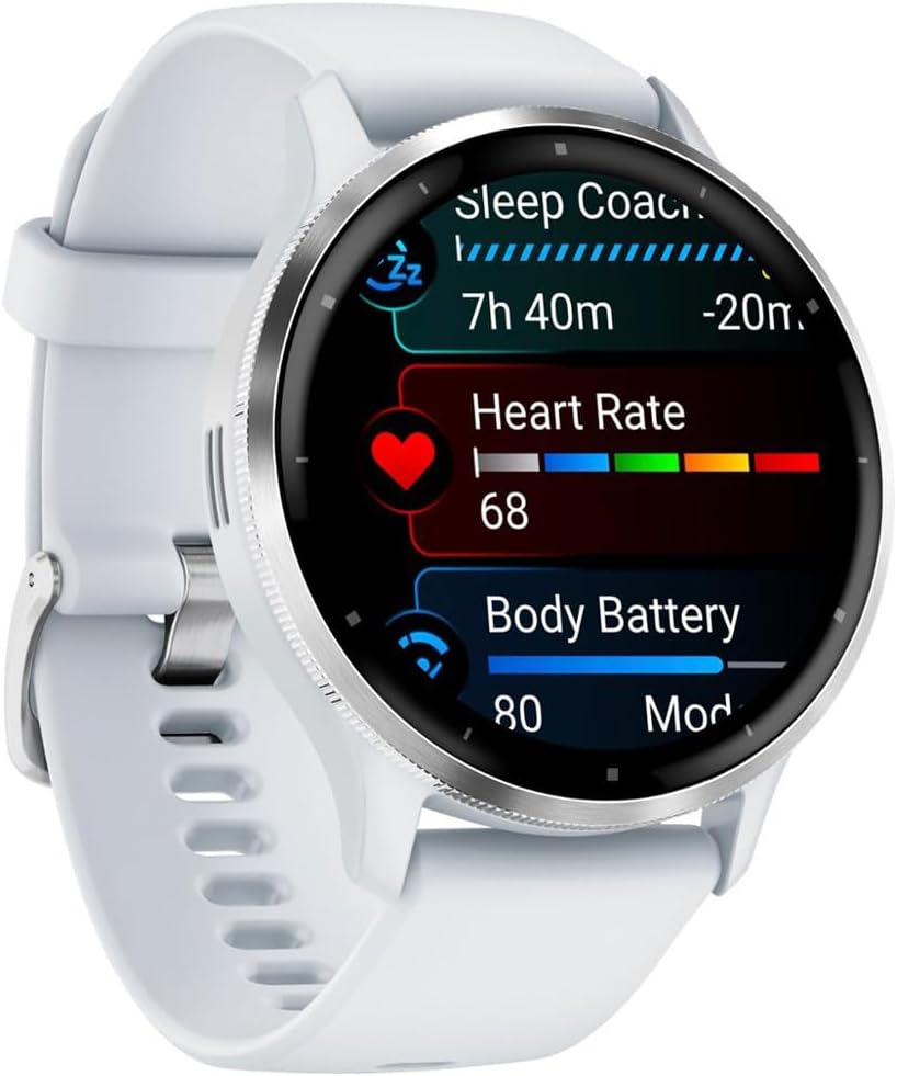 Garmin 010-02784-00 Venu 3 Health Fitness GPS Smartwatch Silver Steel Bezel Whitestone Case (45mm) | Official USA Partner Model | Bundle with Towel, Deco Essentials Commuter Front, Rear Safety Light