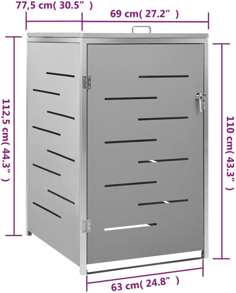 Single Wheelie Bin Shed, Stainless Steel Outdoor Trash Can Storage Garbage Bin Storage Shed, 27.2'x30.5'x44.3' Stainless Steel,-600