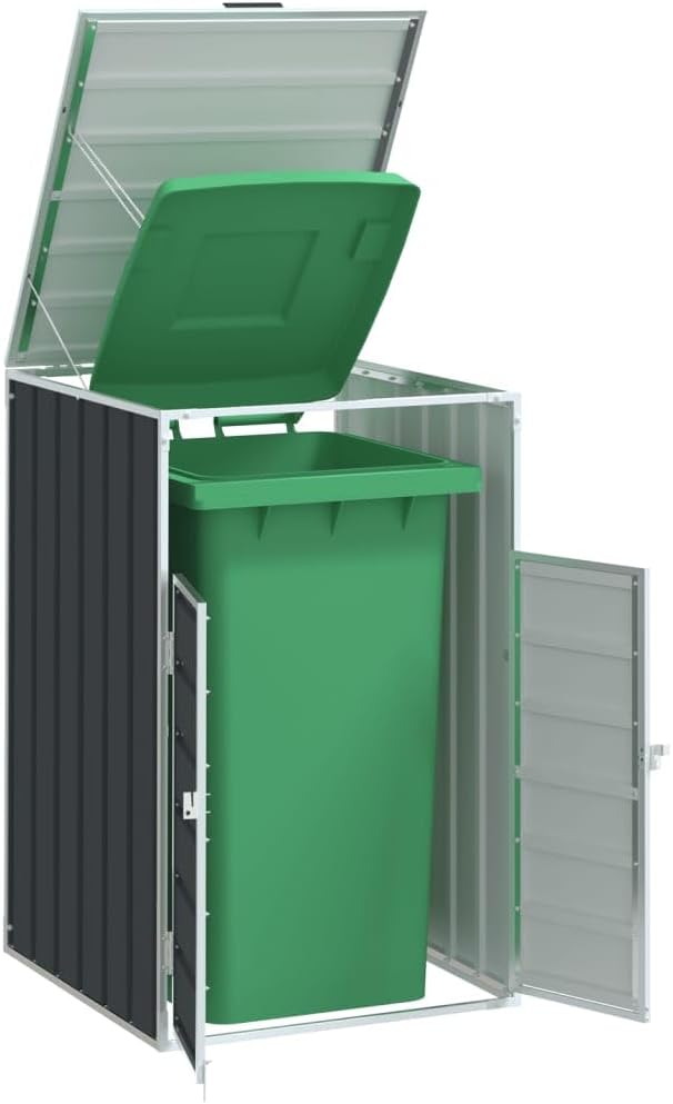 Outdoor Steel Garbage Bin Storage Shed for 1 Trash Can, Weather-Resistant Metal Trash Can Storage Shed with Lid Chain and Latch, Good Ventilation, Anthracite, Single Bin,-793