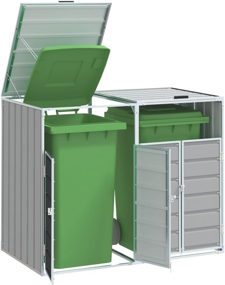 Steel Wheelie Bin Storage for Double Bins, Outdoor Storage Shed for Garbage Cans, Outdoor Trash Can Storage Shed, Gray 56.7'x31.9'x44.5' Steel,-632