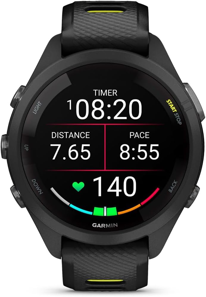 Garmin 010-02810-03 Forerunner 265S GPS Smartwatch, Black/Amp Yellow Bundle with Workout Cooling Sport Towel + Deco Essentials Wearable Commuter Front & Rear Safety Light