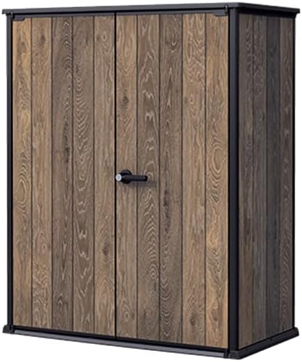 Keter Signature Weatherproof Plastic Garden Cabinet with Metal Reinforcement 1400 Litre Storage Space Lockable Walnut Wood Design