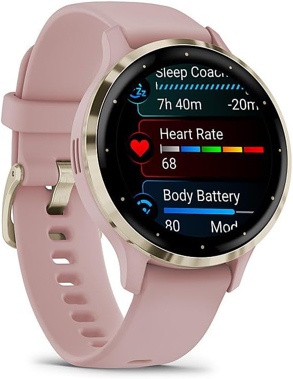 Garmin 010-02785-03 Venu 3S Health Fitness GPS Smartwatch Gold Steel Bezel w/Dust Rose Case (41mm) | Official USA Partner Model | Bundle with Towel, Deco Essentials Commuter Front, Rear Safety Light