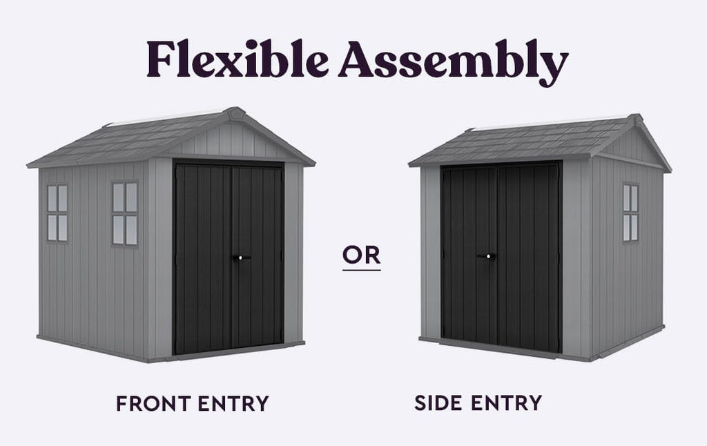 Keter Newton Plus 7.5x7 Ft All-Weather Storage Shed with Skylight, Window, Built-in Ventilation, Customizable Walls, & Lockable Double Doors, Graphite