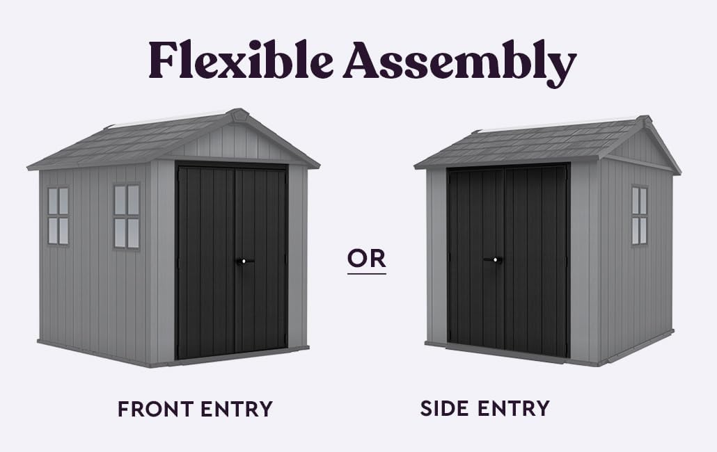 Keter Newton Plus 7.5x7 Ft All-Weather Storage Shed with Skylight, Window, Built-in Ventilation, Customizable Walls, & Lockable Double Doors, Graphite