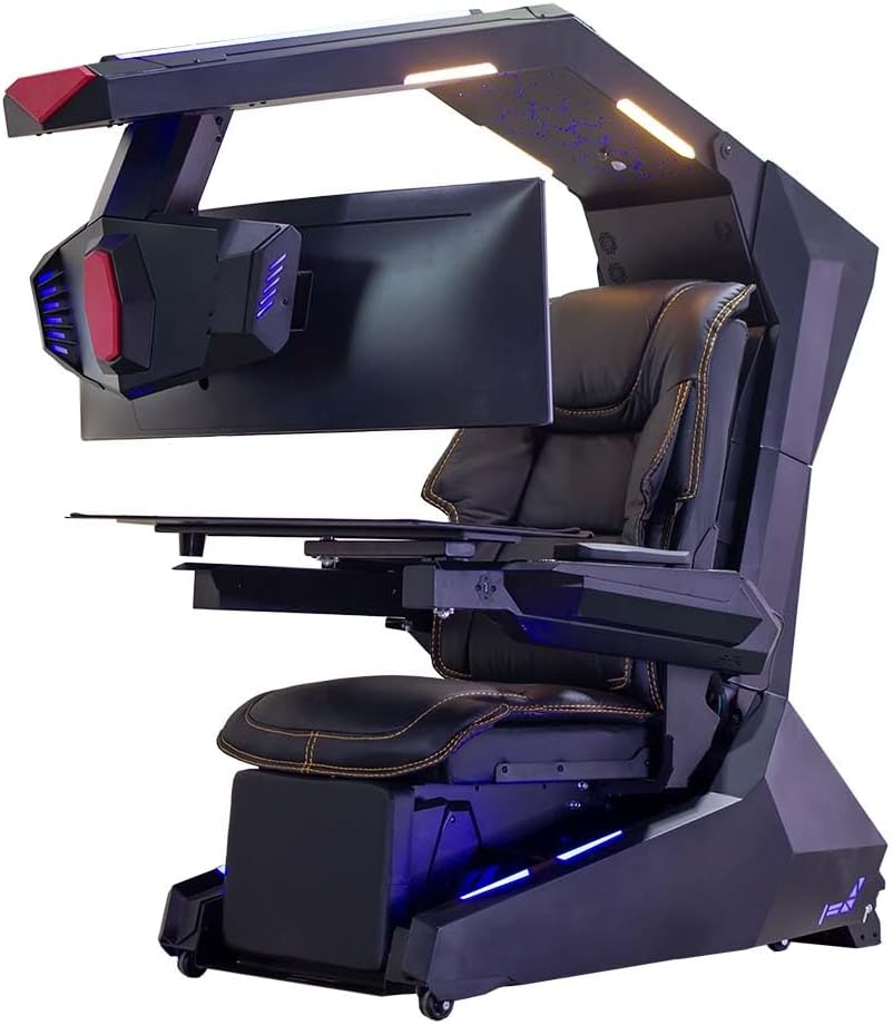 R1-PRO Gaming Chair, Computer Chair; (3-Monitor Brackets, Leather Seat, Black)