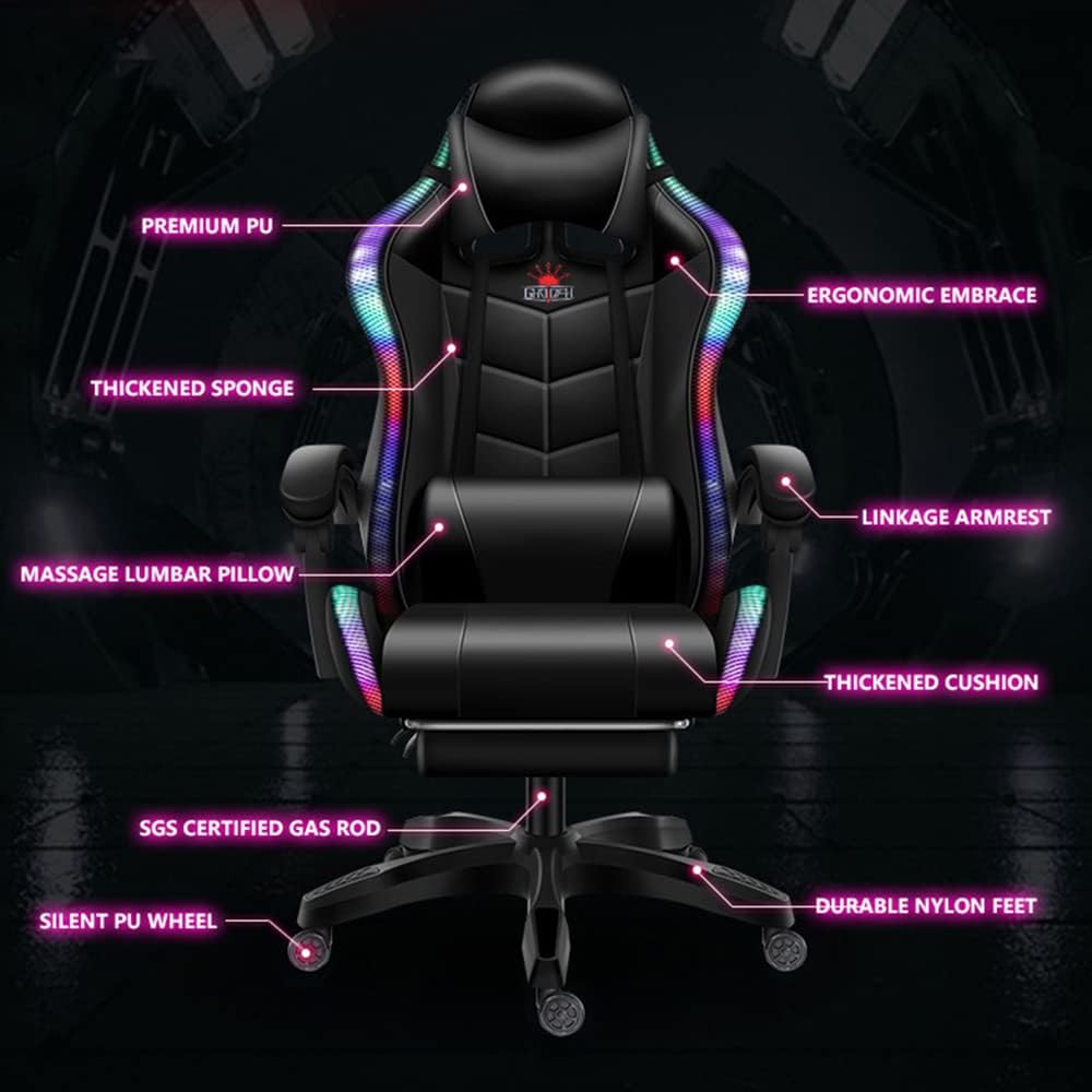 LED Gaming Chair with Speakers, Ergonomic Video Game Chair, Racing Office Chair PU Leather Recliner Computer Chair Swivel E-Sports Chair with Headrest Lumbar Support,Pink