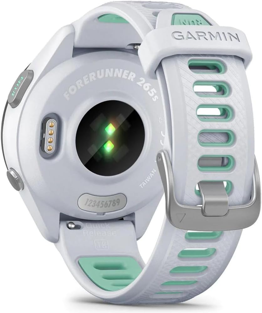 Garmin 010-02810-04 Forerunner 265S GPS Smartwatch, Whitestone/Neo Tropic | Official USA Partner Model | Bundle with Sport Towel + Deco Essentials Wearable Commuter Front & Rear Safety Light