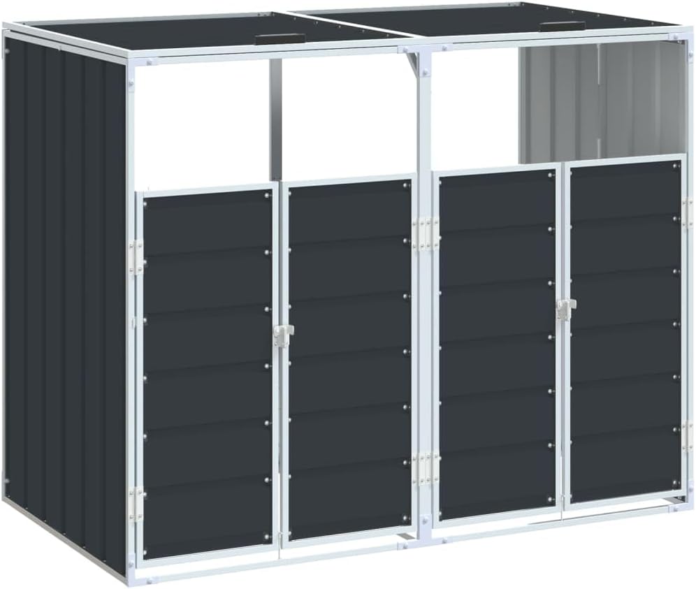 Outdoor Steel Garbage Bin Storage Shed for 2 Trash Cans, Weather-Resistant Metal Trash Can Storage Shed with Lid Chain and Latch, Good Ventilation, Anthracite, Double Bins,-795