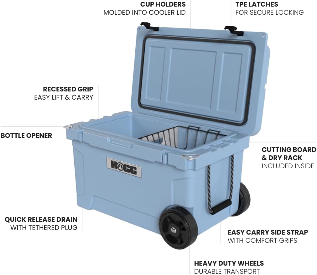 Ice Cooler with Wheels and Handle, Wheeled Cooler, Insulated Ice Chest with Wheels and Handle for Fishing and Camping with Dry Storage, Bottle Openers, and Cupholders